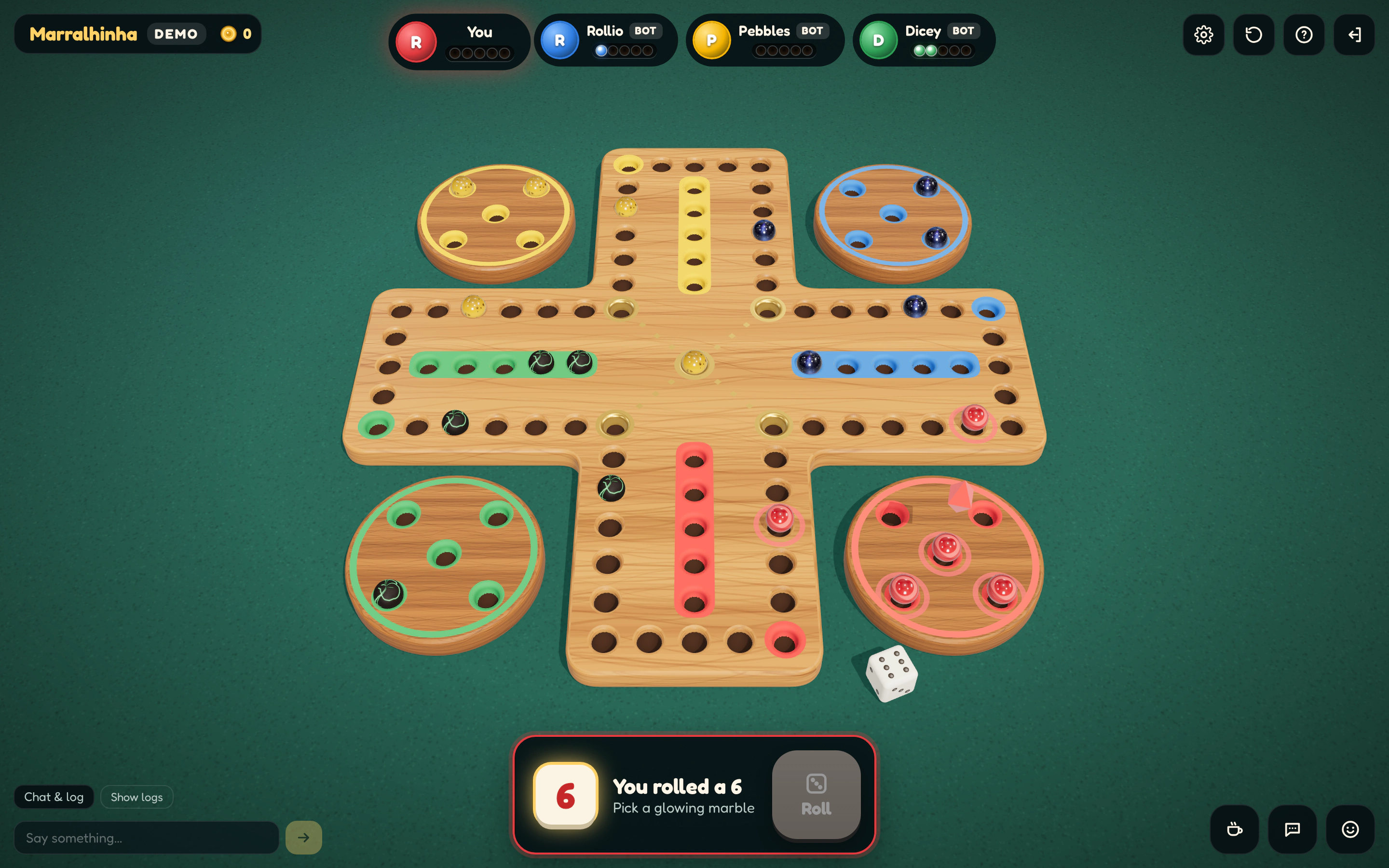 Marralhinha board mid-game with four players